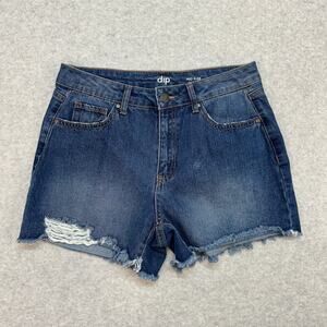 Dip Shorts WMNS 8 Medium Wash Denim Mid Rise Cut-Off Frayed Hem Straight Stretch